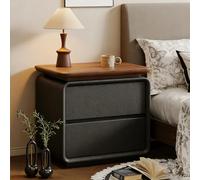 Table De Chevet, Table De Nuit avec Rail Coulissant Silencieux, Bois Massif Et Cuir RéSistant Aux Rayures for Lampe De Bureau, Tasse d'eau, Livres