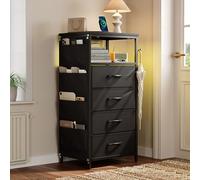 Table de Chevet, Table de Nuit avec Station de Charge et LED, Tables d'appoint avec 4 tiroirs et étagère, 4 Poches Latérales, 2 Crochets, Chevet de Lit pour Chambre, Salon (Noir 4 tiroirs, 1pcs)