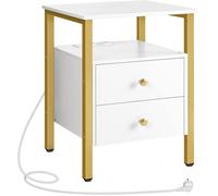 Table de Chevet - VIVOLILV - Blanc et Or - 2 Tiroirs - Avec Prise et Port USB - 40X40X61cm - Style Contemporain