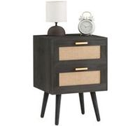 Table de chevet WAMAN petite commode de nuit avec 2 tiroirs, en bois de paulownia lasuré noir et lin naturel, style vintage Noir G