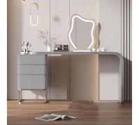 Table de coiffeuse avec 3 tiroirs à lumières LED intelligentes, miroir de maquillage en cuir synthétique et tabouret rembourré pour chambre de femmes et filles - 100 cm gris