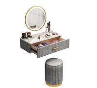 Table de coiffeuse avec miroir éclairé - Bureau de maquillage moderne à suspendre avec 3 lumières à écran tactile couleur et tabouret rembourré doux pour les petits espaces