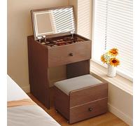 Table de coiffeuse avec plateau en verre - Miroir de maquillage lumineux - Gain de place - Bureau en bois pour chambre (marron, 48 x 50 x 80 cm)