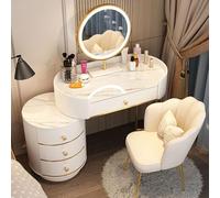 Table de coiffeuse LED avec miroir rond, luminosité réglable en 3 tons avec tiroirs de rangement et chaise de coiffeuse pour chambre à coucher et salle de maquillage