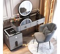 Table de coiffeuse moderne avec miroir lumineux LED et tabouret à 5 tiroirs pour filles et femmes, station de maquillage grise élégante pour chambre à coucher