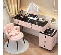 Table de coiffeuse moderne avec station de charge sans fil, haut-parleur LED, miroir de maquillage LED, table de chevet mobile, tabouret rembourré, gris, 80 cm