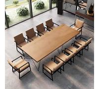 Table de conférence en bois massif avec supports métalliques - Bureau de 4 à 8 personnes, design épais pour maison/chambre à coucher, finition marron, 140 x 70 x 75 cm