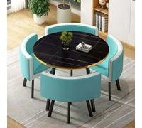 Table de Conférence Ronde, Bar à Petit-Déjeuner, Table de Réception pour Négociations, Bureau, Magasins, Réunions, Petite Cuisine, Salle à Manger, Plateau en Faux Marbre, Chaises en Similicuir PU(Blue