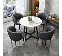Table de conférence ronde moderne avec 4 chaises rembourrées en polyuréthane, cadre en métal, plateau en marbre marron, parfait pour salle à manger ou salon, noir, 80 cm