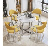 Table de conférence ronde pour petites réunions, réceptions et salon. Dossier en PU/coton et lin. Table avec dessus en ardoise. Parfait pour les espaces de bureau et d'événement