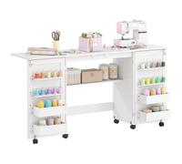 HOMCOM Table de Couture Pliante, Meuble Couture à roulettes avec 2 Portes magnétiques, 4 bacs, 20 Crochets et étagère de Rangement, Meuble Machine à Coudre pour Salon, Bureau, Studio, Blanc