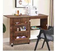 Table de Couture Pliante GIANTEX-Table de Machine à Coudre avec Étagères de Rangement-Bureau avec 5 RoulettesVerrouillables-Brun