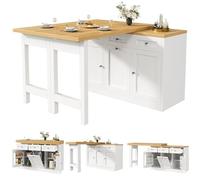 Table de cuisine extensible avec rangement, 120-200 cm, blanc | Structure et plateau en MDF, tiroirs, rangements de porte et support pour poubelle non fournie