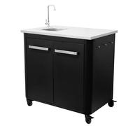 Table de Cuisine Extérieure Cozze® L900 avec Évier en Acier et Robinet - Plan de Travail en INOX, Charge Max 100kg, Roues Robustes & Porte-Sac à Déchets - L900xD600xH900 mm