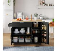 Table de Cuisine Mobile 132.5×44(70)×90cm avec Plan de Travail Pliable en Chêne,Armoire de Rangement Multifonctionnelle avec Étagère à Épices et Porte-Serviettes,Équipée de Cinq Roulettes (Black)