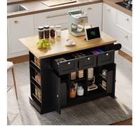 Table de cuisine mobile 132 cm, rangement intégré (tiroir, épices), 5 roues et prise - Pour cuisine/salle à manger
