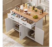 Table de cuisine roulante 129 cm blanche - Plateau rabattable, 5 roues, 2 tiroirs - Idéale pour salle à manger comme îlot ou buffet