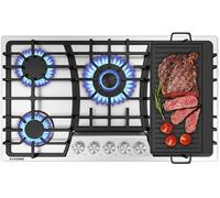 Table de cuisson à gaz de 91,4 cm avec plaque de cuisson, plaque de cuisson à gaz avec 5, grille réversible en fonte, convertible, NG/GPL avec protection thermocouple, en acier inoxydable