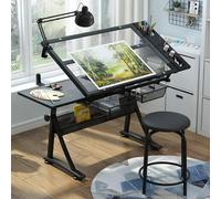 Table de dessin réglable avec tabouret - 2 hauts trempés - Bureau polyvalent réglable en hauteur pour l'écriture et la lecture