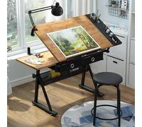 Table de dessin réglable avec tabouret - Bureau d'art inclinable pour la conception et l'artisanat - Idéal pour les artistes créatifs et les bureaux à domicile - Rainure pour crayon incluse