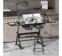Table de dessin réglable en verre avec tiroirs de rangement, bureau d'art pour dessin et étude, parfaite pour les artistes et les étudiants
