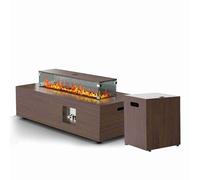 Table de Foyer à gaz de 42 Pouces |Chauffage de terrasse extérieur avec Pare-Vent en Verre |Table de feu pour Cour/Jardin/terrasse |Conception en Bois Brun Fendu