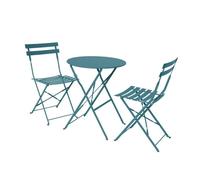 Table de jardin bistrot pliante métal + 2 assises bleu canard Ø60 x 70cm. acier thermolaqué