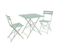 Table de jardin bistrot pliante métal + 2 assises vert de gris 70 x 70cm. acier thermolaqué