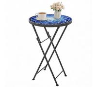 Table de jardin d'extérieur Outsunny Mosaic, table basse ronde pliante de 35,5 cm avec structure métallique pour balcon ou terrasse, bleu marine
