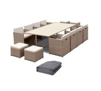 Table de jardin encastrable résine tressée + 12 assises beige. coussins beige. table encastrable + Housse de protection gris foncé