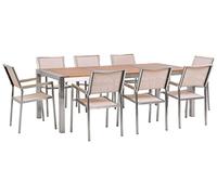 Table de Jardin et 8 Chaises 220 x 100 cm Bois d'Eucalyptus et Tissu Beige Grosseto