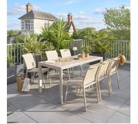 Table de jardin ""Évasion"" effet bois lin & argile 6 places lates en aluminium - Hespéride