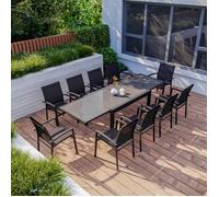 Table de jardin extensible aluminium 135/270cm + 10 Fauteuils empilables textilène Gris Anthracite - ANDRA 10