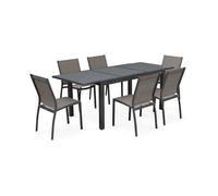Table de jardin extensible aluminium + 6 assises - Orlando Gris taupe - Table en aluminium 150/210cm. plateau de verre. rallonge