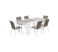 Table de jardin extensible aluminium + 6 assises - Orlando Taupe - Table en aluminium 150/210cm. plateau de verre. rallonge et 6