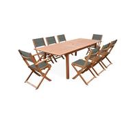 Table de jardin extensible bois d'eucalyptus + 8 assises en bois d'Eucalyptus huilé et textilène savane