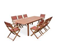 Table de jardin extensible bois d'eucalyptus + 8 assises en bois d'Eucalyptus huilé et textilène terracotta