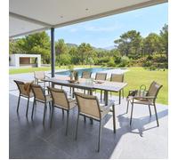 Table de jardin extensible coulissante ""Évasion"" effet bois lin & vert laurier 10 places lates en aluminium - Hespéride