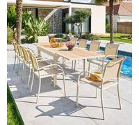 Hespéride - Table de Jardin Extensible Piazza Argile - 10 Places - Aluminium Traité Epoxy Antirouille - Plateau Verre Trempé Effet Bois - Meuble d'Extérieur à Rallonge Coulissante