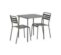 Table de jardin métal + 2 assises kaki Amélia. lattes et bords arrondis. traitement antirouille