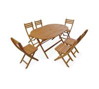 Table de jardin pliable 150cm en bois d'acacia déjà huilé. forme ovale avec 6 chaises pliables