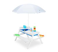 Relaxdays Table de Jardin pour Enfants, en Bois, bacs pour Jouer avec l Eau et Le Sable, Parasol Inclus, Blanche