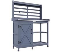 Table de jardinage en bois Outsunny, table de jardinier avec armoire, table à fleurs avec plan de travail, table de jardinage en bois avec 2 étagères, 4 crochets pour le jardin, gris, 112 x 47 x 146cm