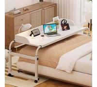 Table de Lit avec en Hauteur 65-95cm, Bureau pour Ordinateur Portable en Largeur 114-210CM avec 4 Roulette Verrouillable, Table Medicale a Roulette pour Lit pour Bureau Hôpital Lecture(Color:Blanc)