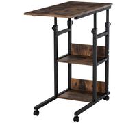 HOMCOM Table d'appoint Bout de canapé Table roulante Table de Lit pour Ordinateur Portable Hauteur réglable 2 étagères intégrées cadre métal Marron