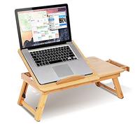 Table de Lit Pliable pour Ordinateur Portable, Plateau en Bambou, Support Réglable avec Tiroir, Fentes de Ventilation, Rainure pour Tasse