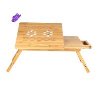 Table de Lit Pliable, Table Portable pour Ordinateur Table d’Ordinateur en Bambou Plateau de Service Pieds réglables en Hauteur avec tiroir et Trous de Ventilation (66 * 35 * 30 cm-Couleur Bois)