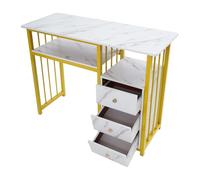 Table de manucure 3 tiroirs - Table à ongles en marbre blanc doré 100 x 40 | Bois avec structure en métal, 2 étagères, stable et facile d'entretien. Idéal pour salon de manucure, maquillage, salon