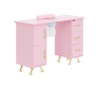Physa table manucure, rose, doré, 3 tiroirs, 2 étagères, aspiration poussière, repose-main