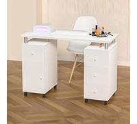 Table de manucure avec rangement, station à ongles spacieuse avec 8 poulies verrouillables, repose-poignet et 4 tiroirs pour une utilisation en salon